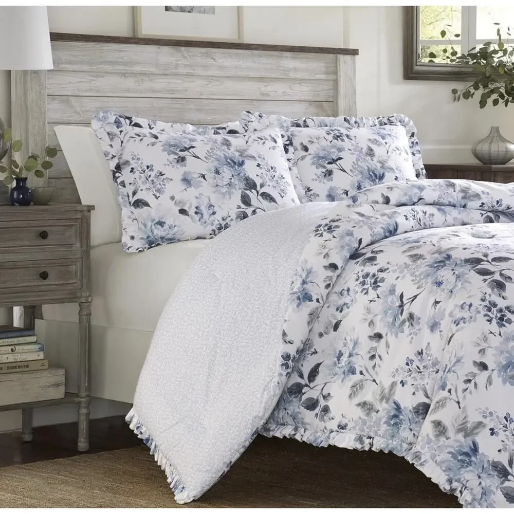 Laura Ashley Chloe 2 Pce. Twin Duvet Cover Set Reversible Floral Cotton Blue